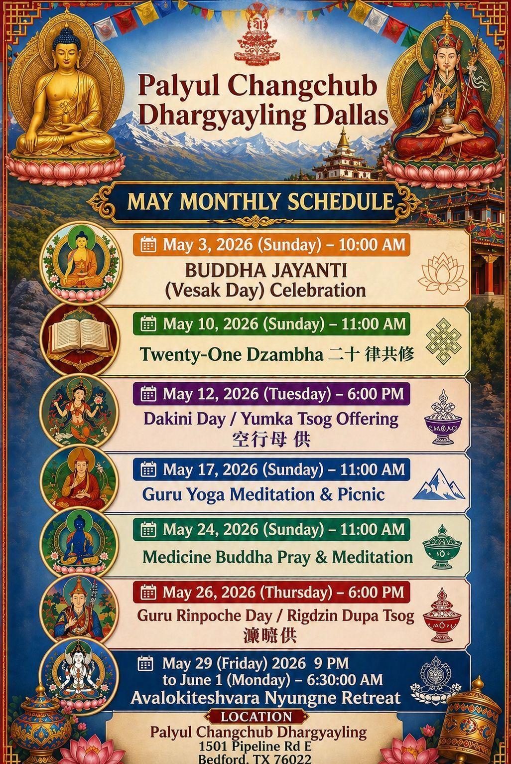 Palyul Changchub Dhargyaling Dallas: Activities for May 2026